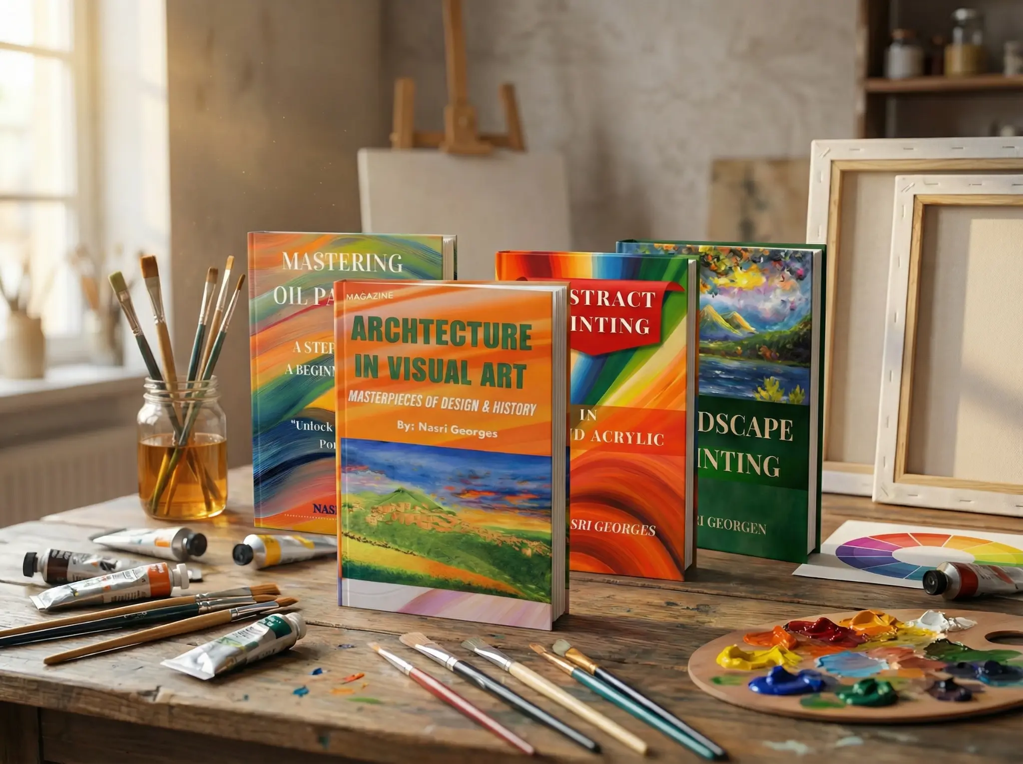 All four Nasri Georges art books displayed on a studio table